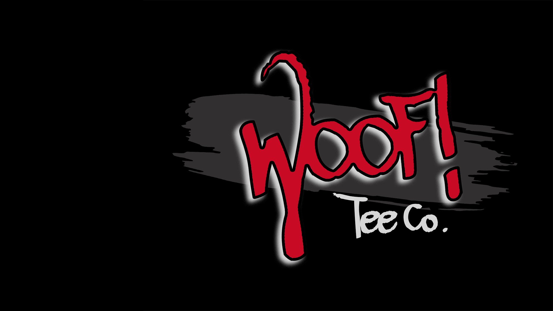 Logo of Woof! Tee Co. with red and white graffiti-style text on a black background